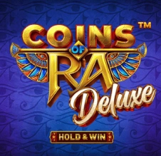 Coins of Ra Deluxe Hold & Win slot with Egyptian gold lettering and wings