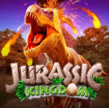 Jurassic Kingdom slot with a roaring T-Rex and erupting volcano