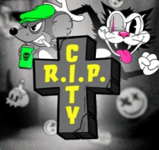 R.I.P. City slot with cartoon cat and mouse on a neon urban cross