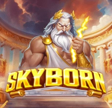 Skyborn slot featuring Zeus holding a lightning bolt in a Greek temple