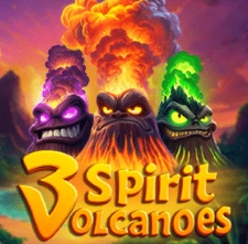 3 Spirit Volcanoes slot with purple, orange and green cartoon volcanoes