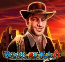 Book of Ra 6 Deluxe slot with an explorer and Egyptian temples at sunset