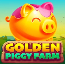 Golden Piggy Farm slot with a smiling golden piggy bank on a farm