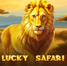 Lucky Safari slot featuring a golden lion in an African savanna sunset